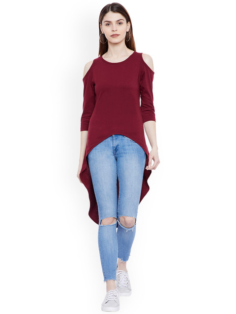 

Hypernation Women Maroon Solid High-Low Cold Shoulder Top