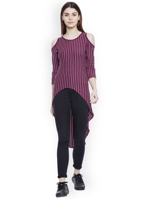 

Hypernation Women Purple Striped High-Low Cold ShoulderPure Cotton Top
