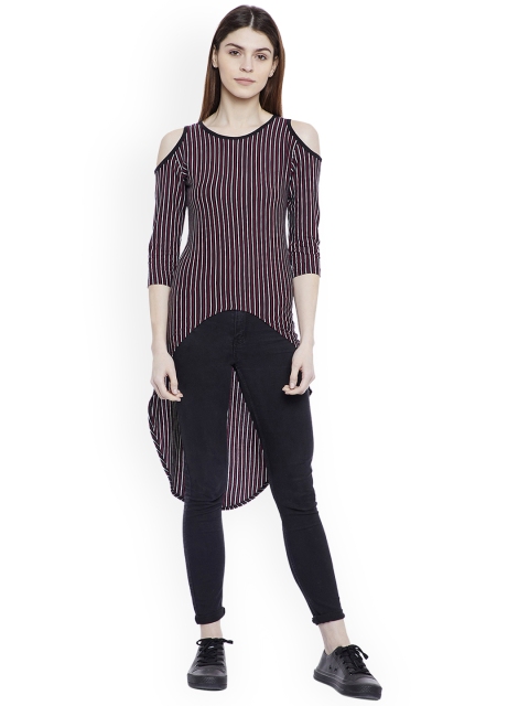 

Hypernation Women Black & White Striped High-Low Cold Shoulder Pure Cotton Top