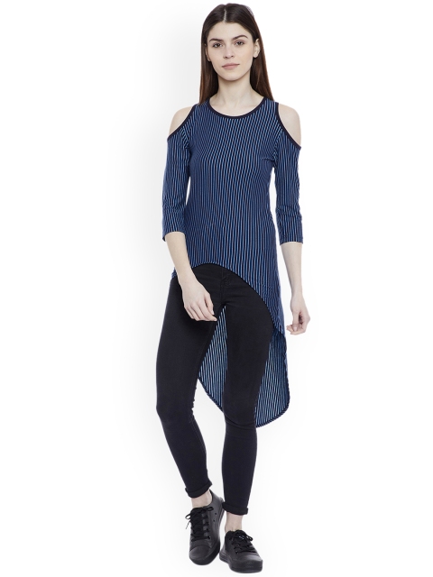 

Hypernation Women Navy Blue Striped High-Low Cold Shoulder Pure Cotton Top