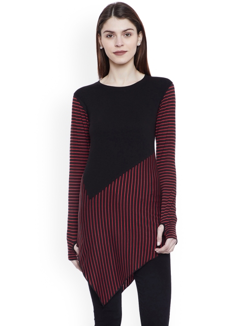 

Hypernation Women Red & Black Striped Asymmetrical Pure Cotton Top