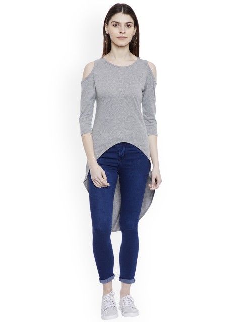 

Hypernation Women Grey Solid High-Low Cold Shoulder Top