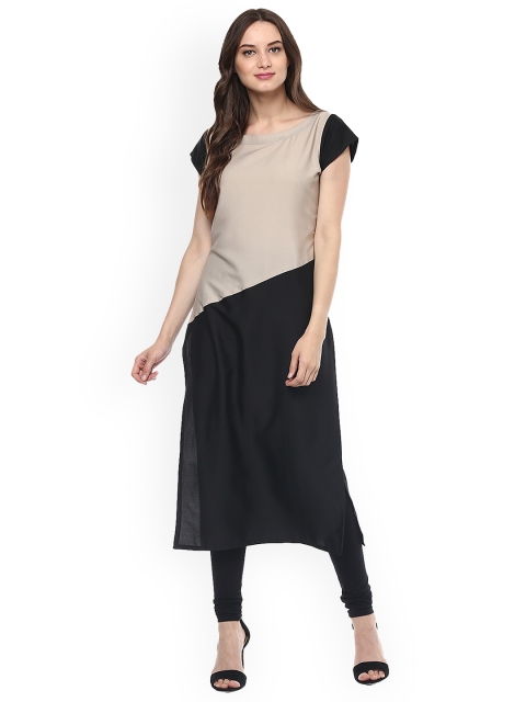 

ZIYAA Women Black & Beige Colourblocked Straight Kurta
