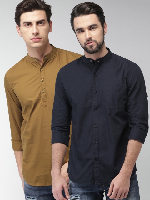 

HIGHLANDER Men Set Of 2 Slim Fit Solid Casual Shirts, Khaki