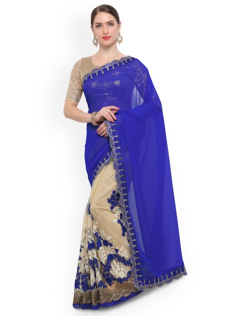 

Satrani Blue & Beige Poly Georgette Embroidered Saree