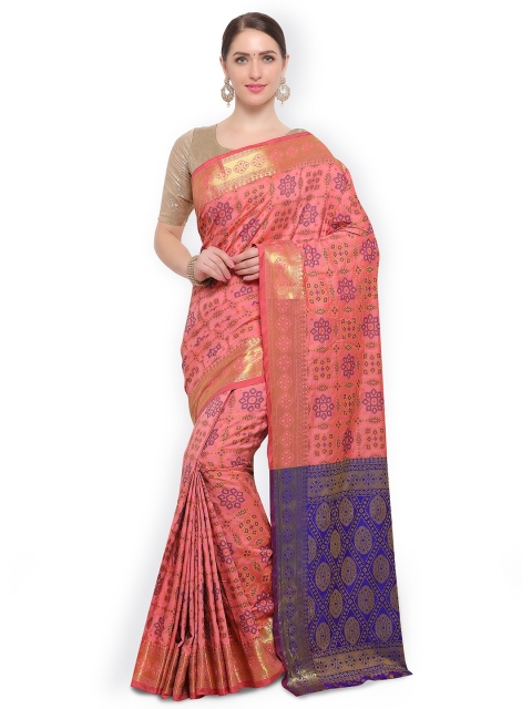 

Satrani Peach-Coloured & Blue Poly Silk Woven Design Banarasi Saree