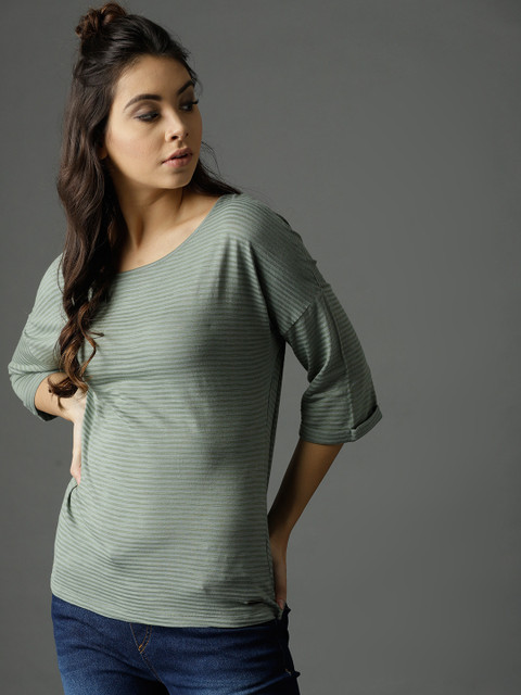 

Roadster Women Green & Grey Striped Top
