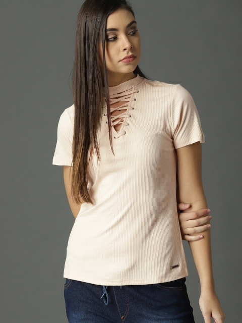 

Roadster Women Peach-Coloured Self-Striped Top