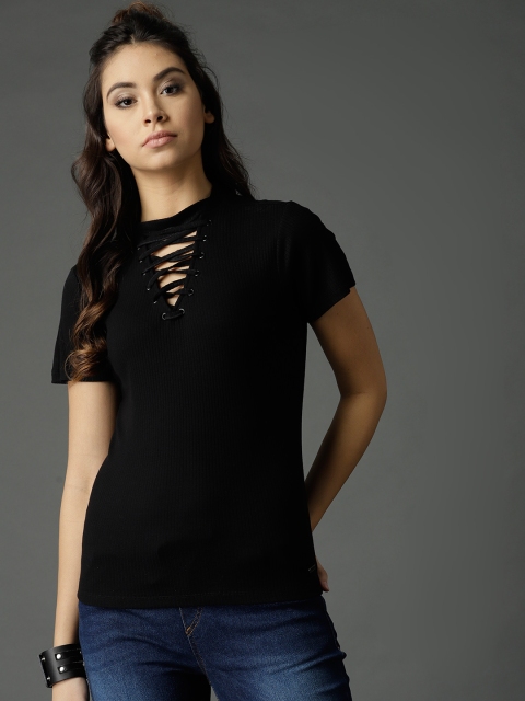 

Roadster Women Black Self-Striped Top