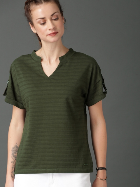 

Roadster Women Olive Green Self Design Pure Cotton Top