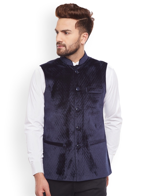 

Hancock Navy Blue Woven Design Nehru Jacket