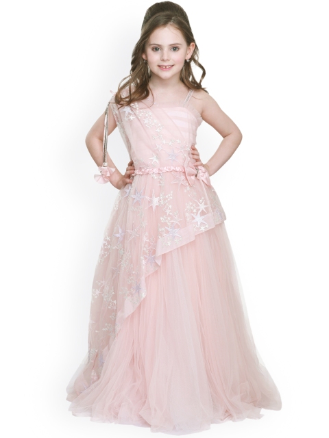 

CUTECUMBER Girls Peach-Coloured Embellished Fit and Flare Maxi Dress