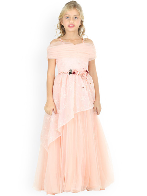 

CUTECUMBER Girls Peach-Coloured Printed Fit and Flare Maxi Dress