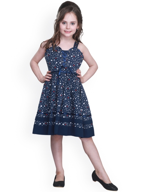 

CUTECUMBER Girls Navy Blue Printed Fit and Flare Dress