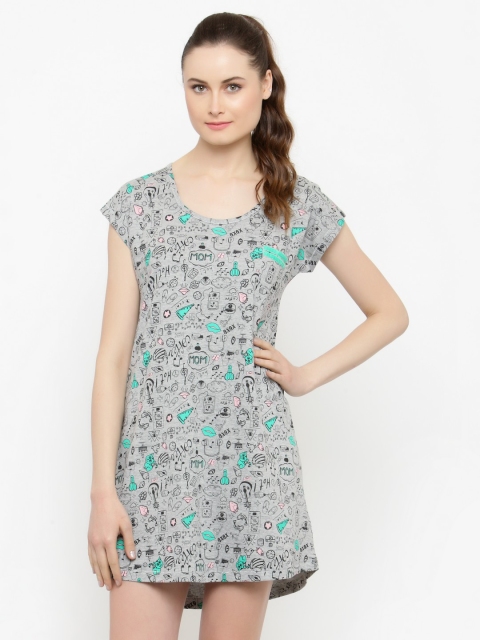 

Slumber Jill Grey Melange and Blue Printed Sleepshirt FWSJ954
