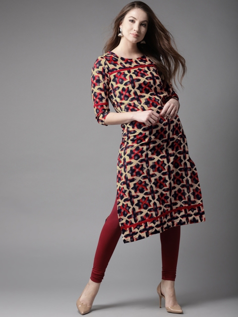 

HERE&NOW Women Cream-Coloured & Navy Blue Printed Straight Kurta