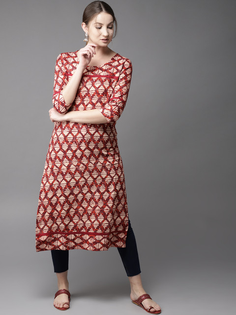 

HERE&NOW Women Burgundy & Red Printed Straight Kurta