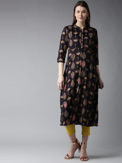 

HERE&NOW Women Navy Blue & Beige Printed A-Line Kurta