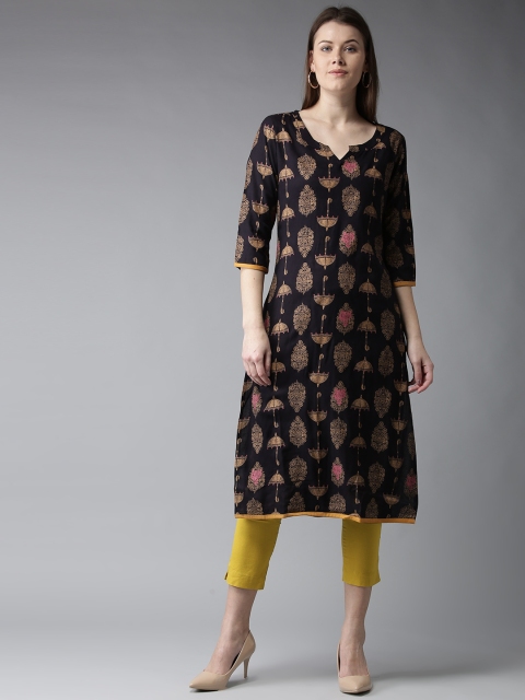 

HERE&NOW Women Navy Blue & Golden Quirky Printed Straight Kurta