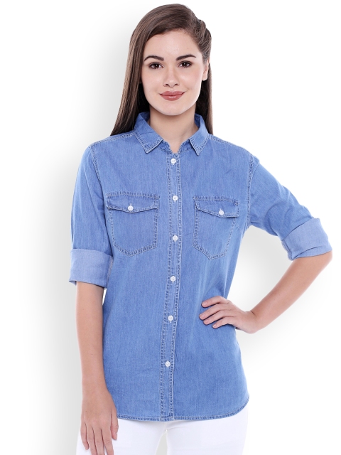 

High Star Women Blue Slim Fit Denim Solid Casual Shirt