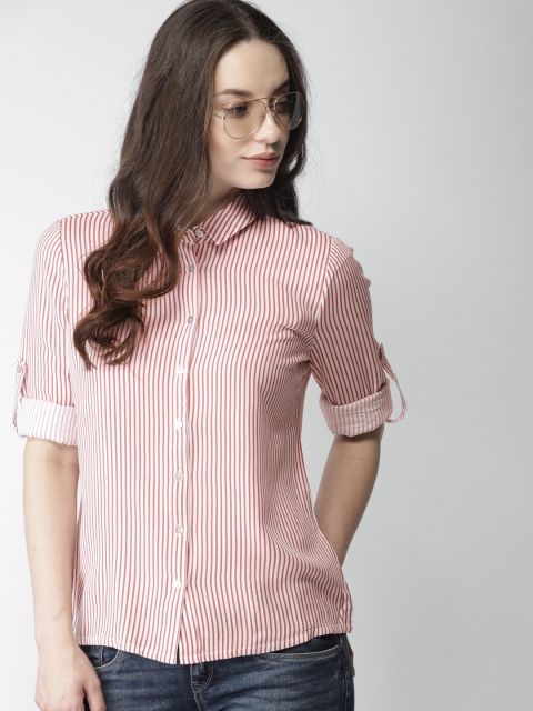 

Mast & Harbour Women White & Red Regular Fit Striped Casual Shirt