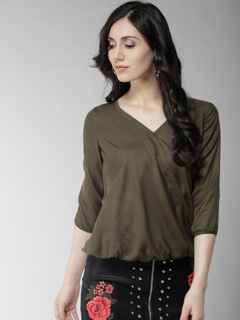 

Style Quotient Women Olive Green Solid Wrap Top