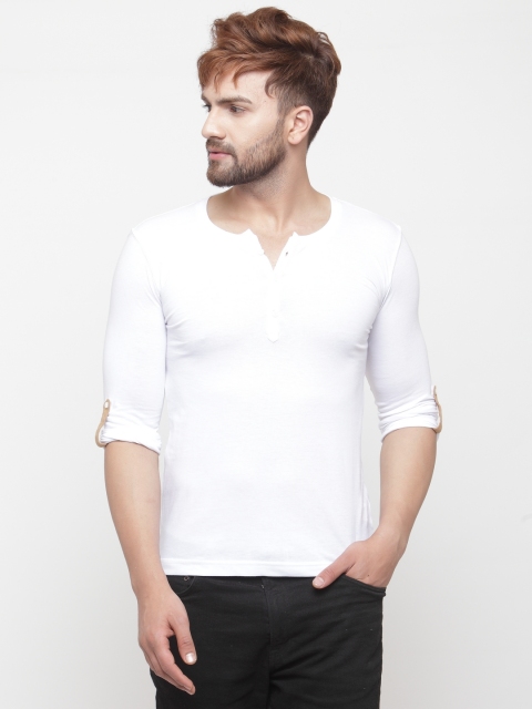 

GESPO Men White Solid Henley Neck T-shirt