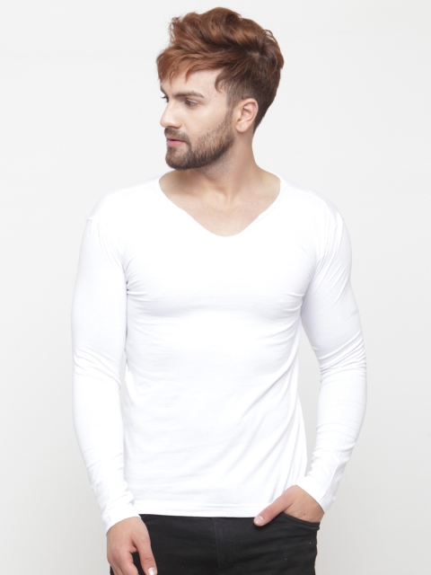 

GESPO Men White Solid V-Neck T-shirt