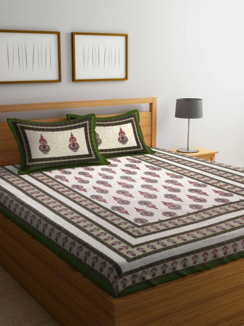 

Rajasthan Decor Off-White & Green Abstract Flat 144 TC Cotton 1 King Bedsheet with 2 Pillow Covers