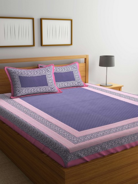 

Rajasthan Decor Blue & Pink Abstract Flat 144 TC Cotton 1 King Bedsheet with 2 Pillow Covers