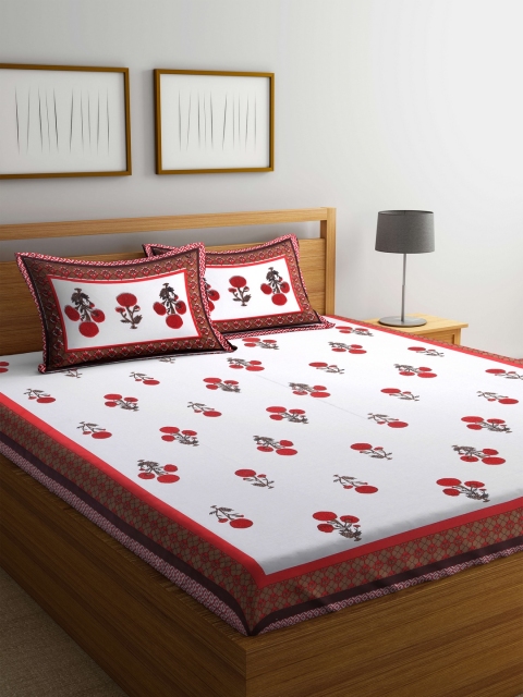 

Rajasthan Decor White & Red Floral Flat 144 TC Cotton 1 King Bedsheet with 2 Pillow Covers