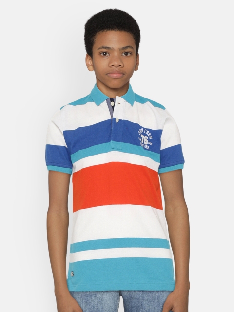 

RUFF Boys White & Blue Striped Polo Collar T-shirt with Applique Detail