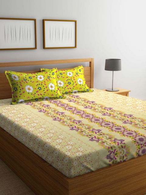 

BOMBAY DYEING Yellow & Green Floral Flat 120 TC Cotton 1 King Bedsheet with 2 Pillow Covers