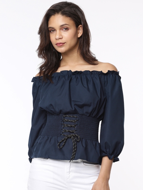 

Ginger by Lifestyle Women Navy Blue Solid Bardot Top