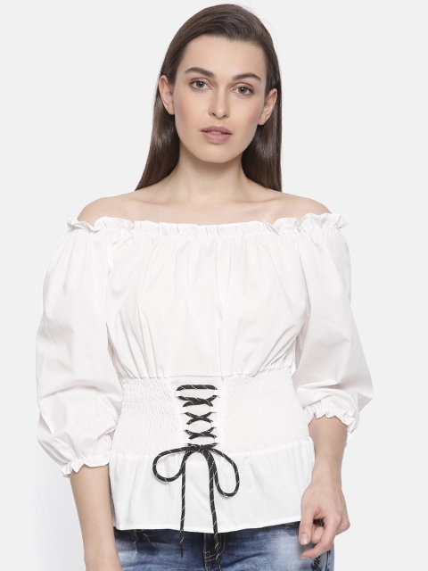 

Ginger by Lifestyle Women White Solid Bardot Top