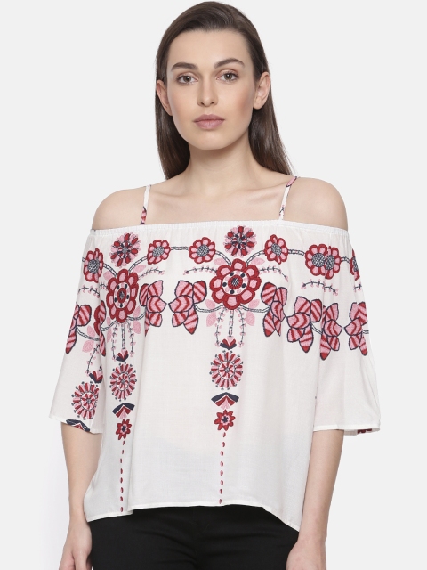 

Ginger by Lifestyle Women Off-White Floral Printed Bardot Top