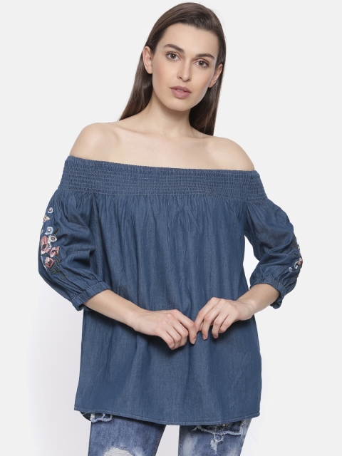 

Ginger by Lifestyle Women Blue Solid Bardot Top