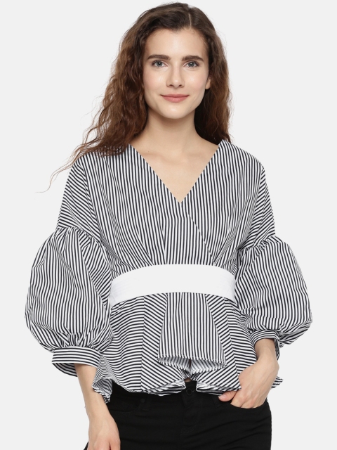 

Ginger by Lifestyle Women Black & White Striped Peplum Top
