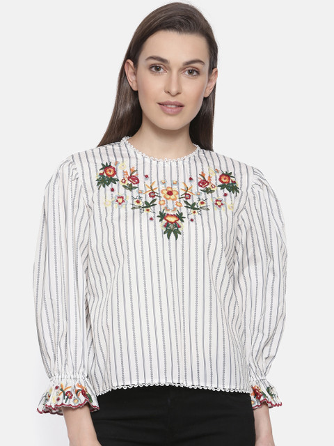 

Ginger by Lifestyle Women Off-White Striped Embroidered Top