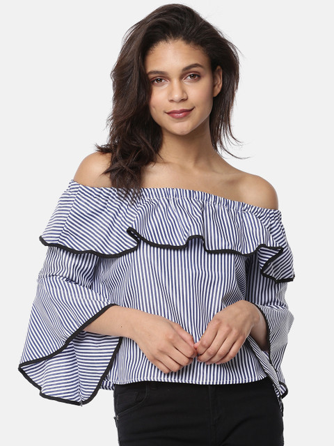 

Ginger by Lifestyle Women Navy Blue & White Striped Bardot Top