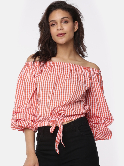 

Ginger by Lifestyle Women Orange & White Checked Bardot Top
