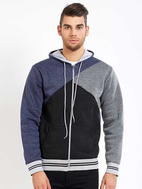 

Maniac Men's Blue & Black Fullsleeve Coloureblocked Hooded Cotton Sweatshirt