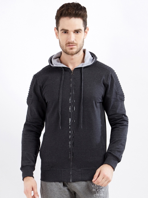 

Maniac Men Charcoal Self Designed Hooded Sweatshirt