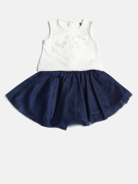 

YK Girls White & Navy Blue Embellished Top with Skirt