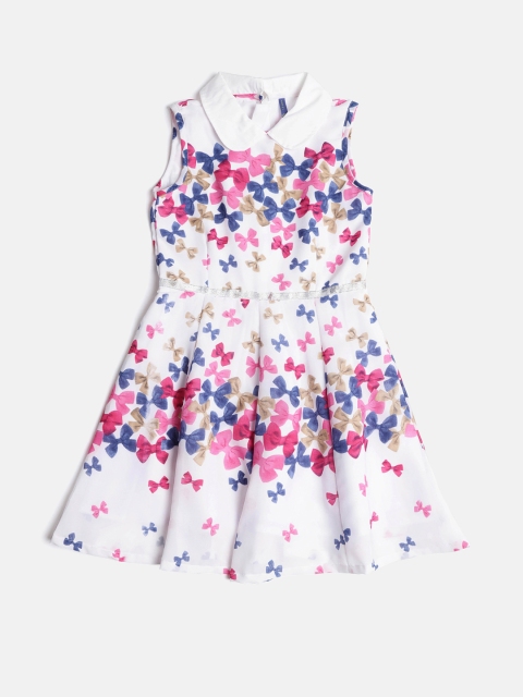 

YK Girls White & Pink Printed Fit & Flare Dress