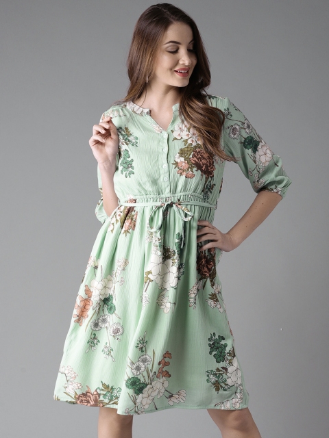 

HERE&NOW Women Green Printed Fit & Flare Dress
