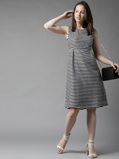 

HERE&NOW Women Black & White Striped Fit and Flare Dress