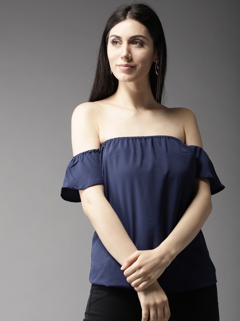 

HERE&NOW Women Navy Blue Solid Bardot Top