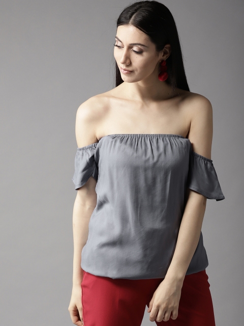 

HERE&NOW Women Grey Solid Bardot Top