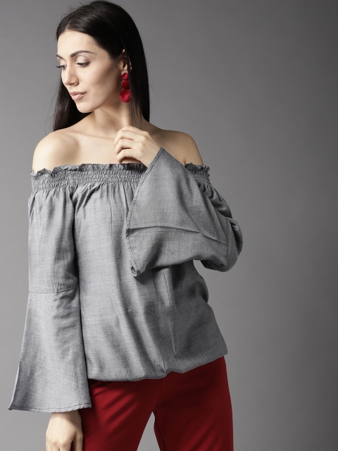 

HERE&NOW Women Grey Solid Bardot Top